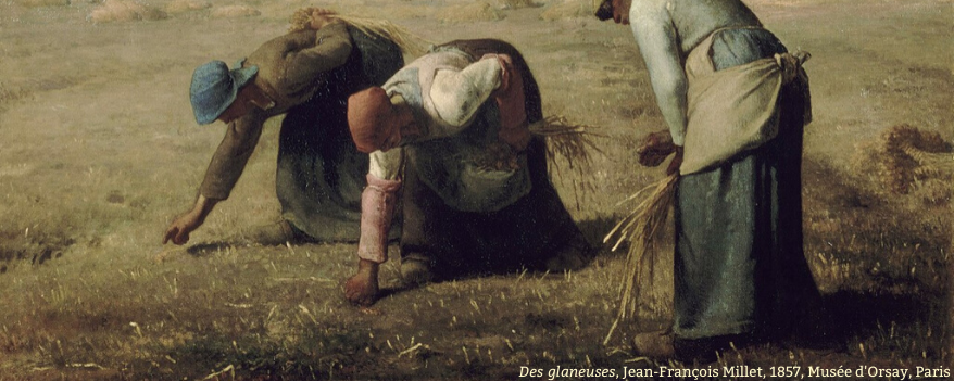 Peinture représentant 3 femmes dans un champs déjà récolté essayant de glaner quelques grains.